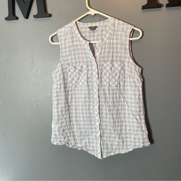Eddie Bauer Sleeveless Blue/white/pink  Checkered Button up Tank size medium - Picture 1 of 8